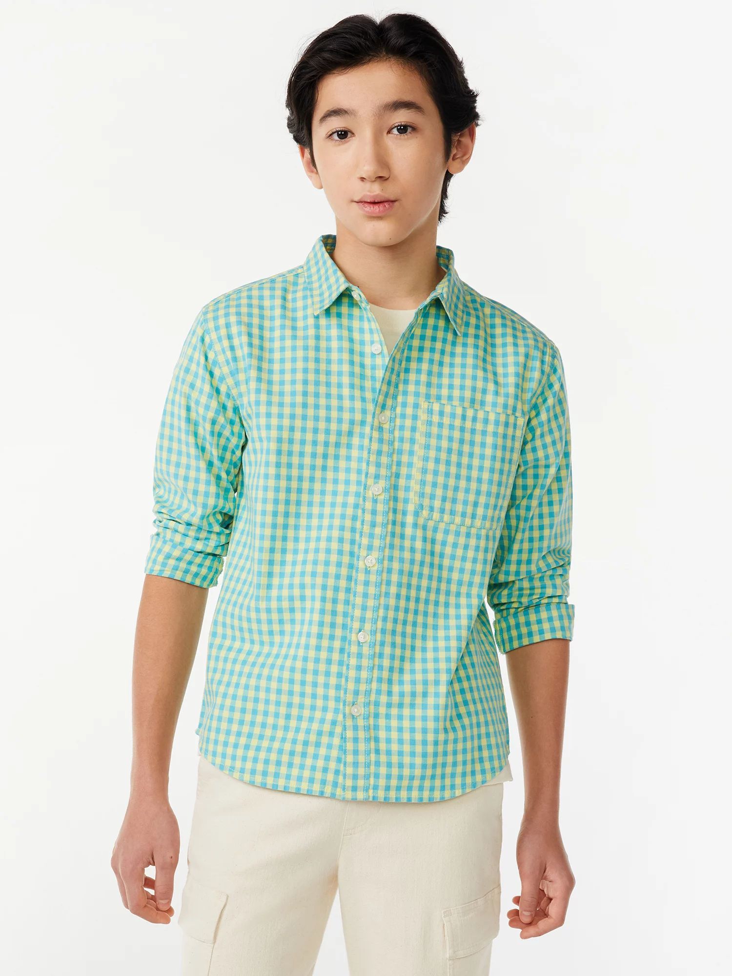 Free Assembly Boys Long Sleeve Gingham Button Down Shirt, Sizes 4-18 | Walmart (US)