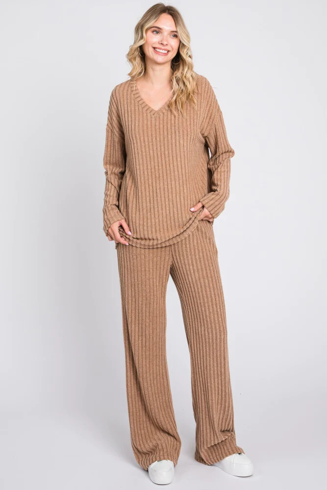 Mocha Ribbed Soft Knit Long Sleeve Maternity Pajama Set | PinkBlush Maternity