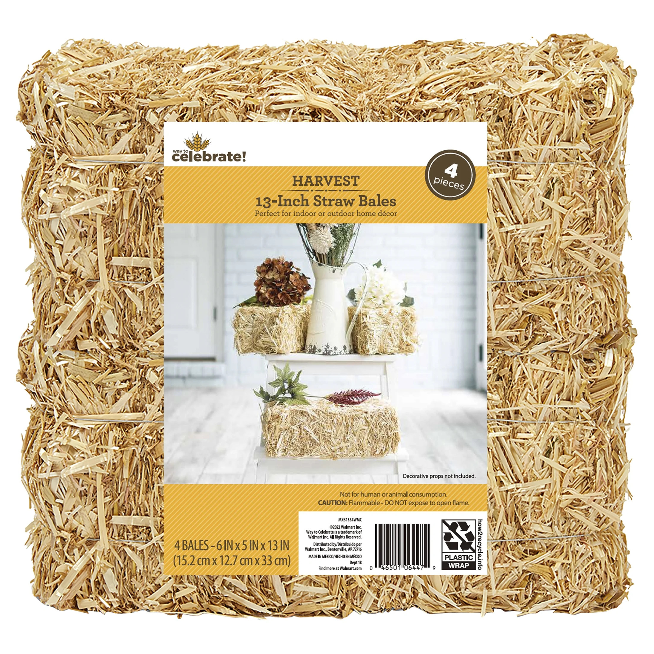 Way to Celebrate! 4 Piece Decorative Straw Bale 5 inch x 6 inch x 13 inch Natural Golden - Walmar... | Walmart (US)