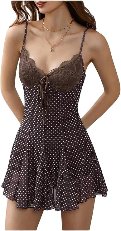 MakeMeChic Women's Polka Dots Mini Dress Lace V Neck Tie Front Leopard Print Short Dresses Party ... | Amazon (US)