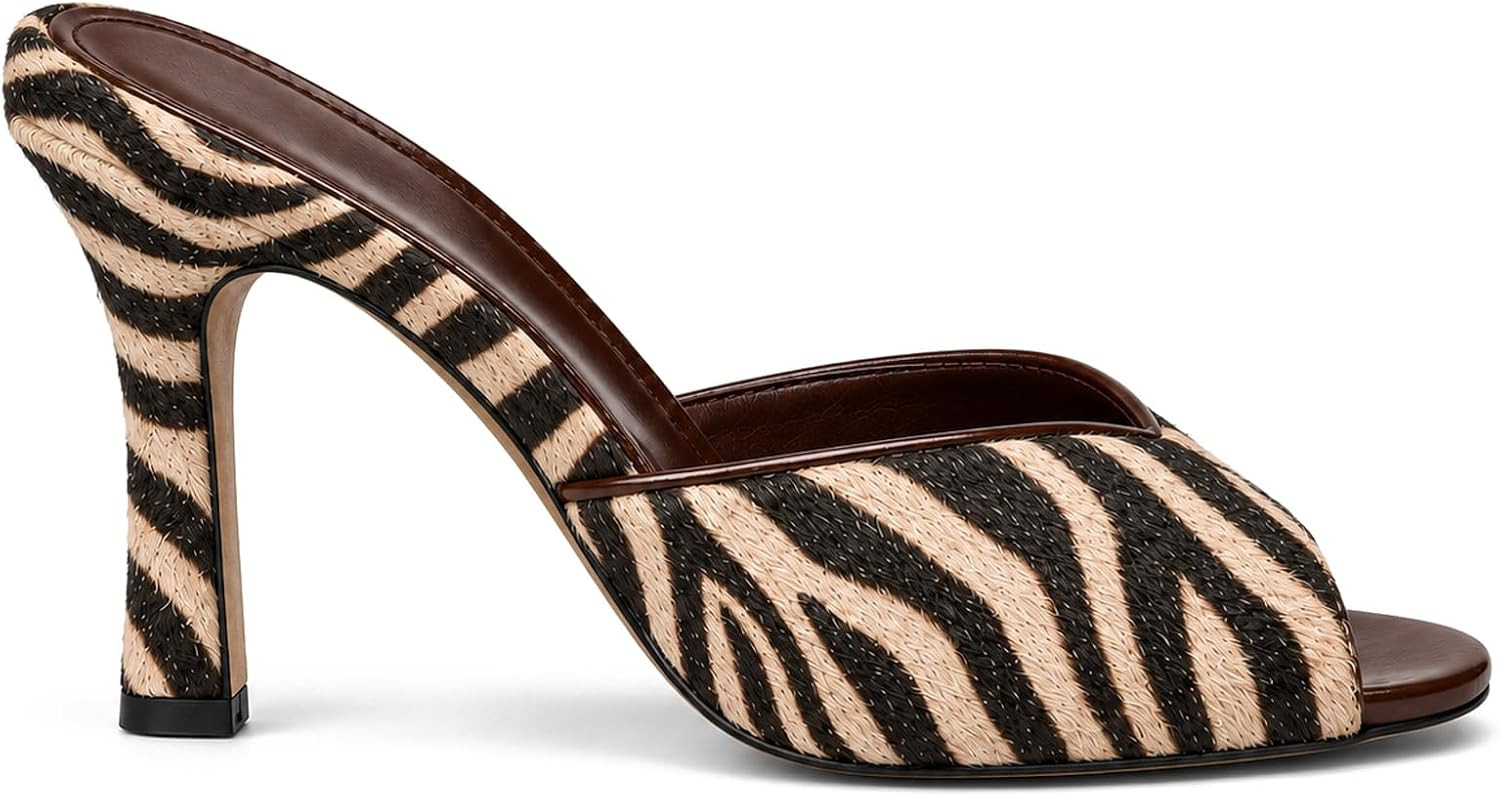 Womens Zebra Heels Kitten Heel Sandals Open Peep Toe Stiletto High Heeled Mules Pumps Shoes Slip on Slides for Prom Wedding Party | Amazon (US)