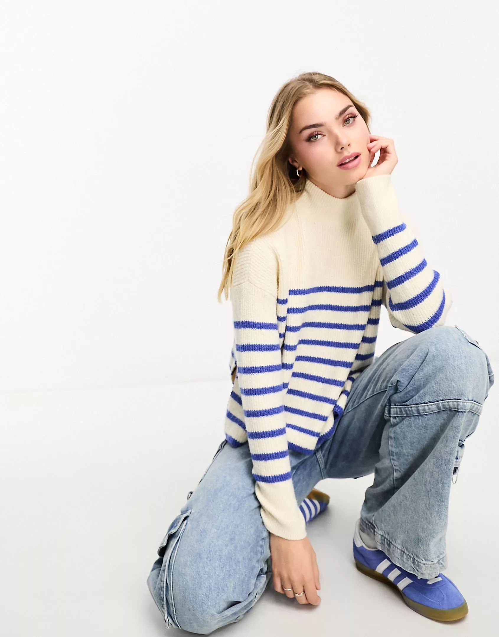 Vero Moda high neck stripe jumper in blue and white | ASOS (Global)