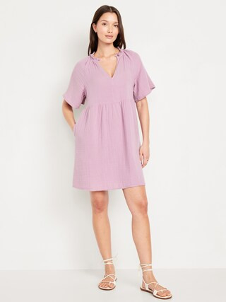 Split-Neck Crinkle Gauze Mini Swing Dress | Old Navy (CA)