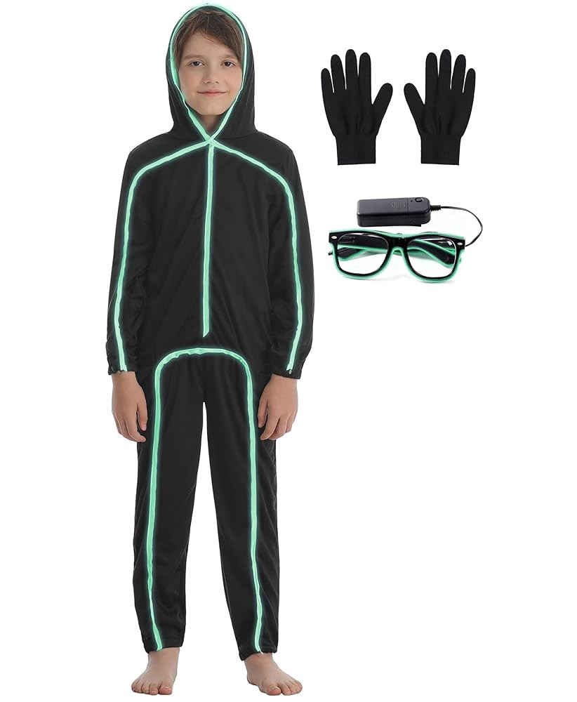 Stick Figure Costume Kids Stickman Jumpsuit with Light up Glasses Halloween Glow in the Dark Outf... | Amazon (US)