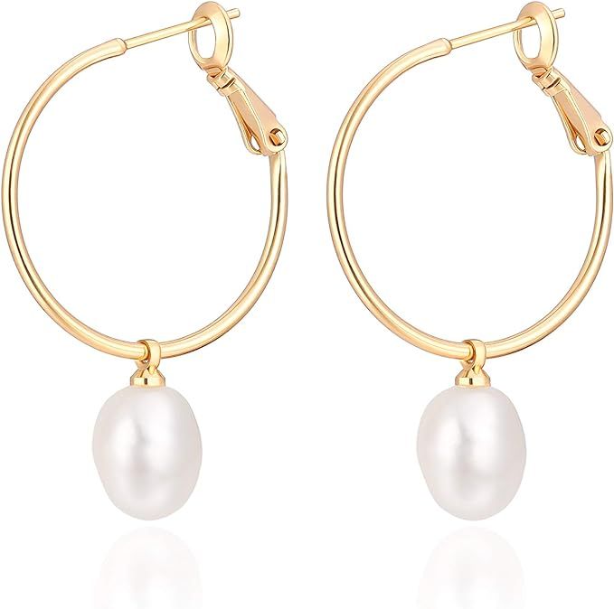 Gold Huggie Hoop Earrings with Charms Fashion Pearl Drop Dangle Earrings for Women Handmade Karma... | Amazon (US)