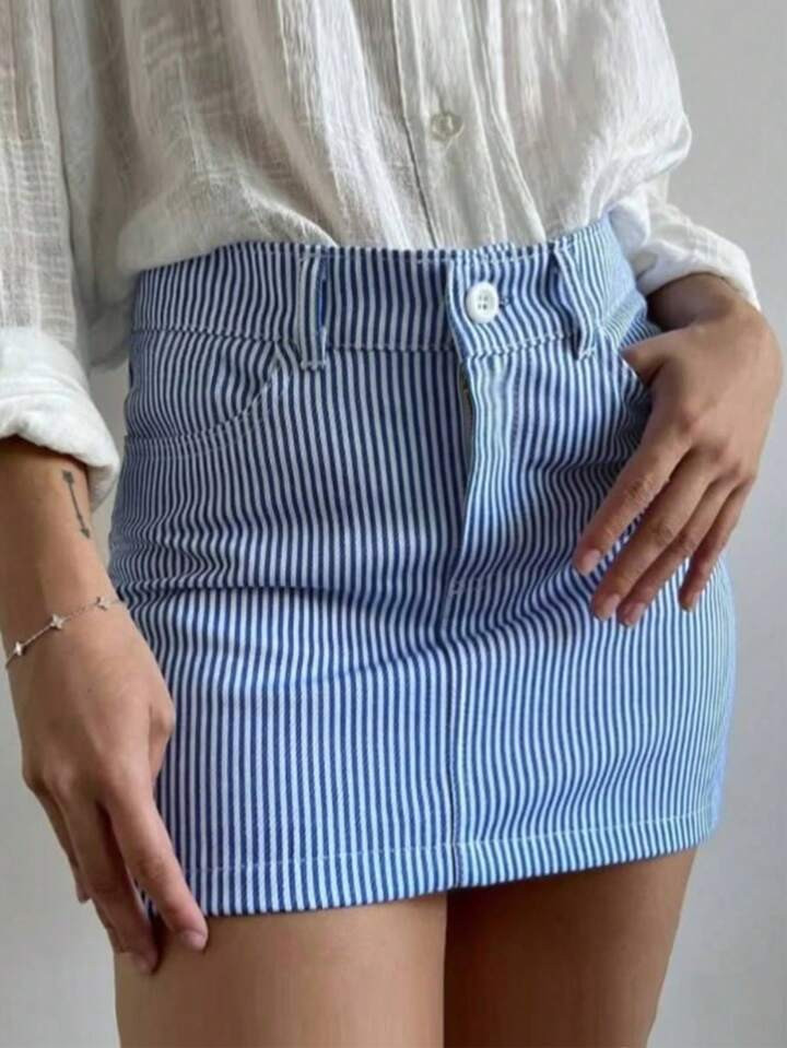Blue & White Striped Button Detail Mini Skirt For Women | SHEIN