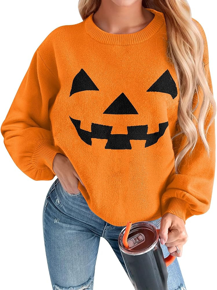 For G and PL Women's Halloween Crew Neck Lantern Sleeve Knit Sweater Loose Fit Jack-O'-Lantern Pu... | Amazon (US)