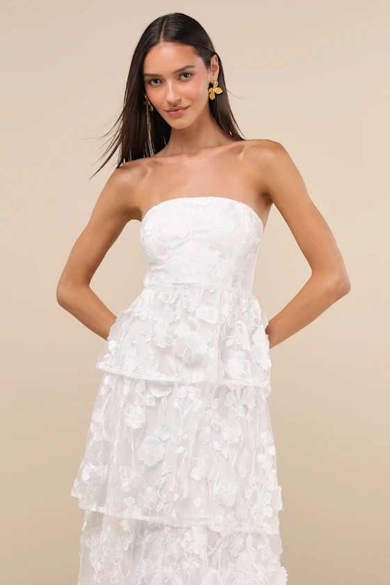 Pomina White 3D Floral Appliques Tiered Midi Dress | Lulus