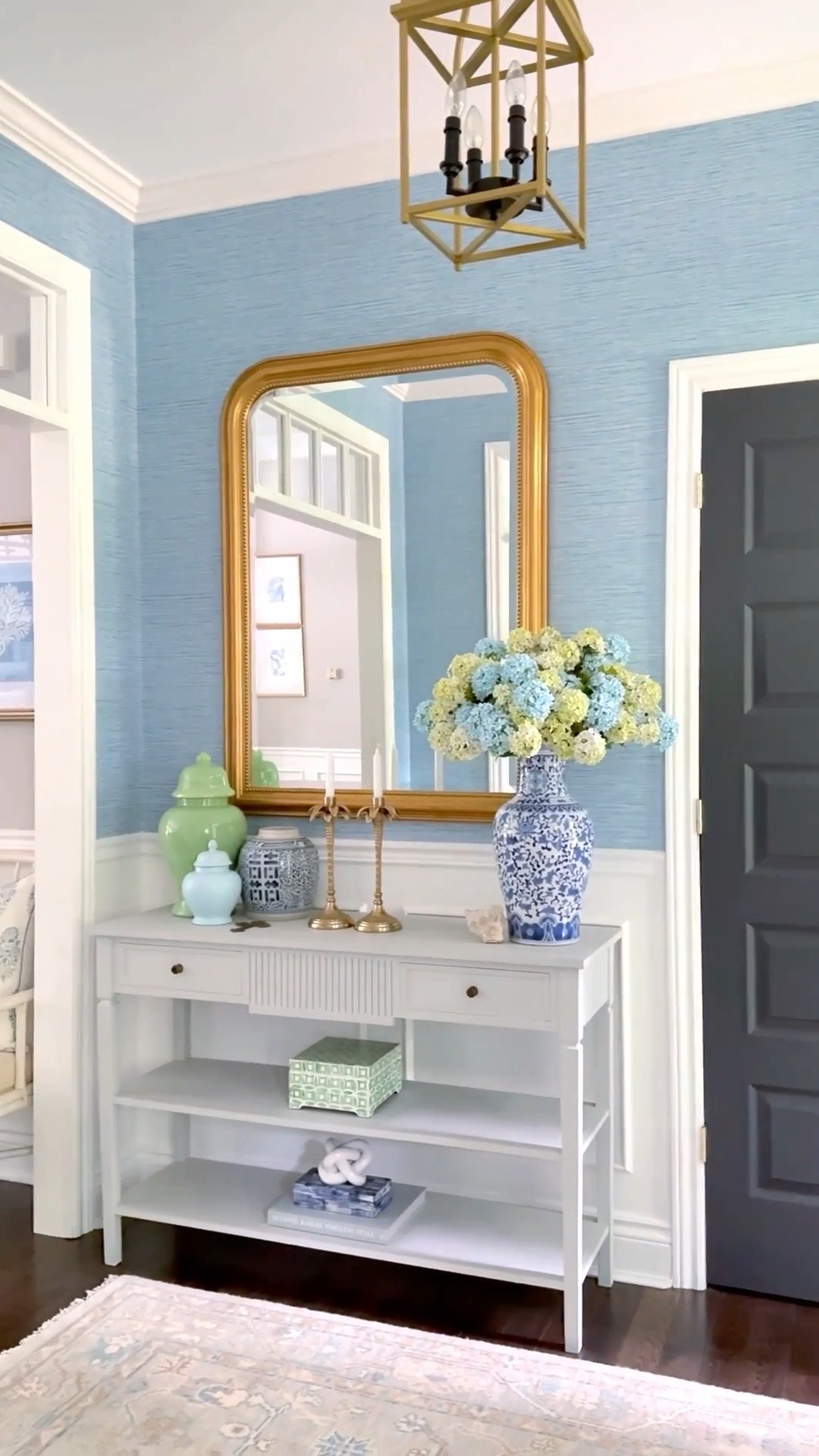 Bedroom decor in elegant hues of soft blues and creams Master bedroom, primary bedroom, main bedroom, bedroom finds, neutral bedroom, light blue bedroom, bedding, throw pillows, chandelier, home finds, home decor