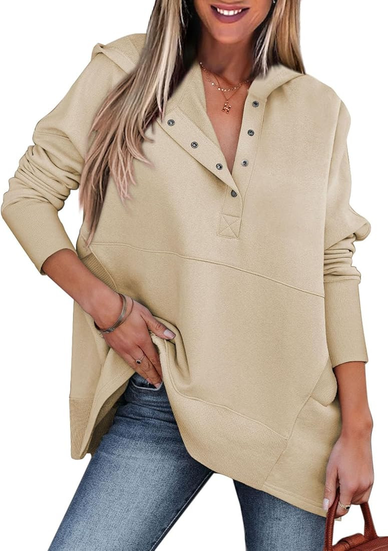 EVALESS Womens Oversized Long Sleeve Hoodies Casual Loose Button Sweatshirts with Pockets | Amazon (US)