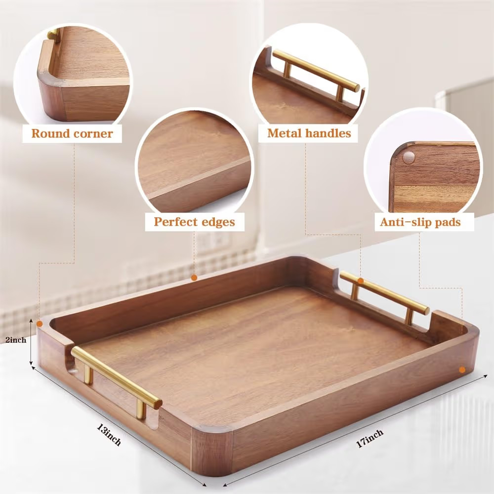 Acacia Wood Serving Tray with Handles, 17x13 Inch Ottoman Tray for Coffee Table,Candle Display,Br... | Amazon (US)