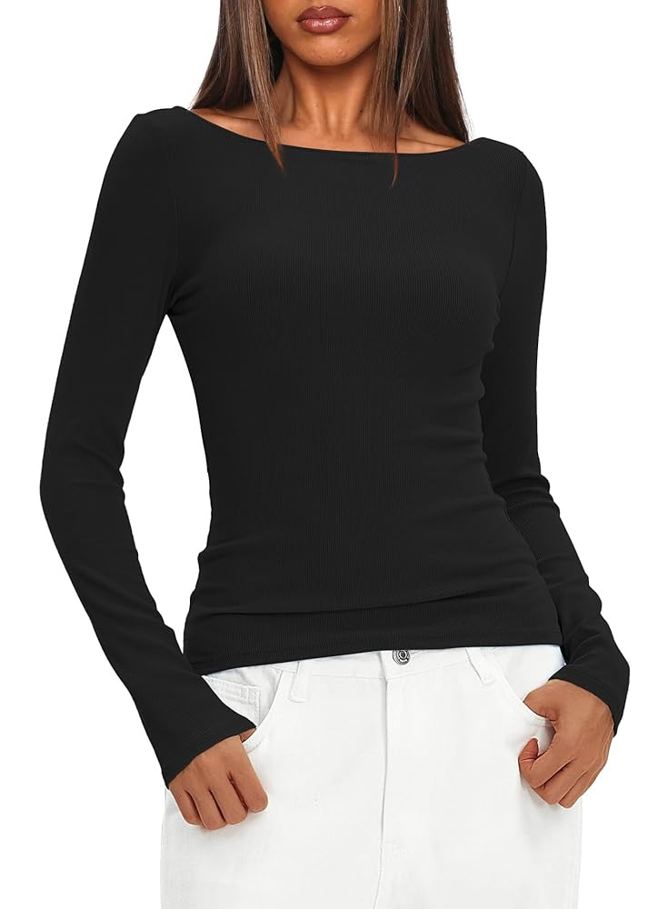 Darong Womens Long Sleeve Tops Sexy Boat Neck Backless Fitted Tee Shirts Going Out Outfit Y2K Cro... | Amazon (US)