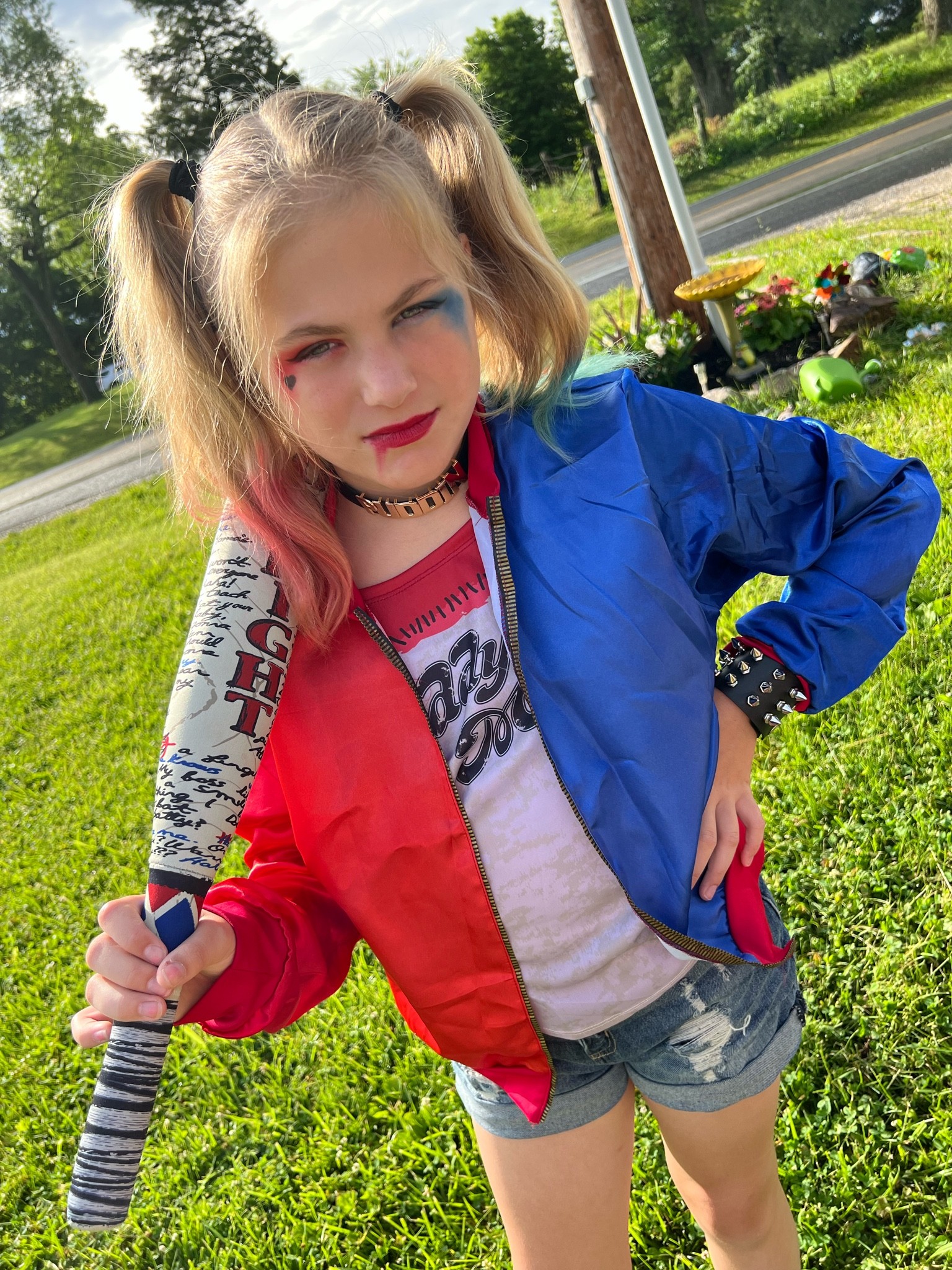 Harley Quinn Halloween costume idea! My daughter is 10 & can fit into xs-s in womens. I didn’t like the shorts on her so she wore her blue Jean shorts & we added some fishnet leggings under them. If you have a girlie Who is already blonde then you won’t need the wig. Just paint the tips. I did hers with eyeshadow!! Wasn’t going to buy hair spray she would use one time. This worked like a charm! Just use water an eyeshadow & paint it right into the hair! 


#LTKkids #LTKHalloween #LTKHoliday