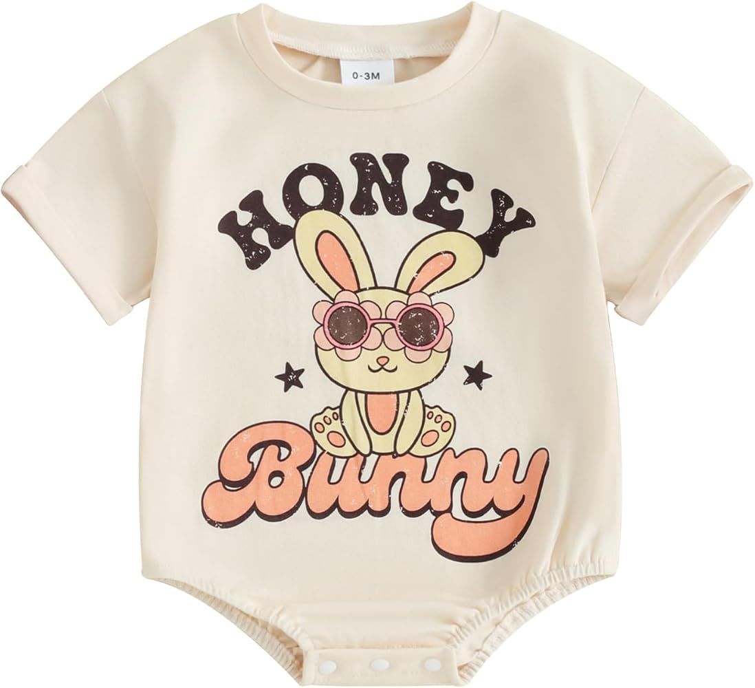Molgkyo Newborn Baby Girl Boy Easter Outfit Short Sleeve Letter Print Oversized Romper Infant Bun... | Amazon (US)