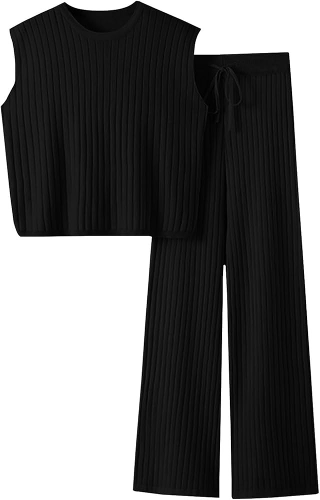 Imily Bela Womens 2 Piece Outfits Sweater Sets Knit Summer Casual Crewneck Sleeveless Tops Wide L... | Amazon (US)