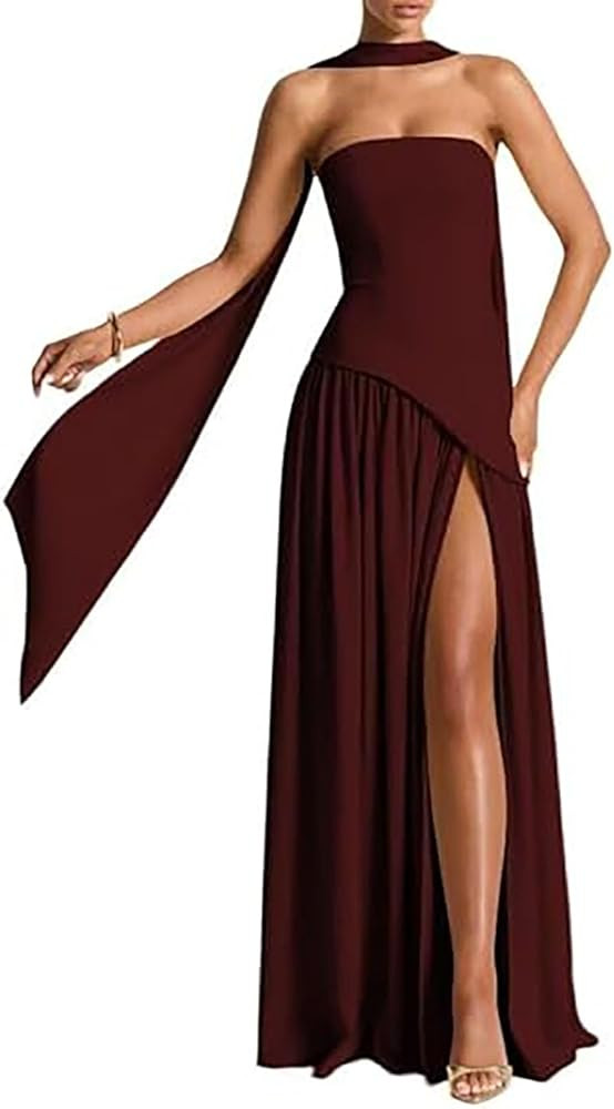 Women Strapless Corset Asymmetrical High Split Flowy Maxi Dresses Evening Gown Wedding Guest Dres... | Amazon (US)