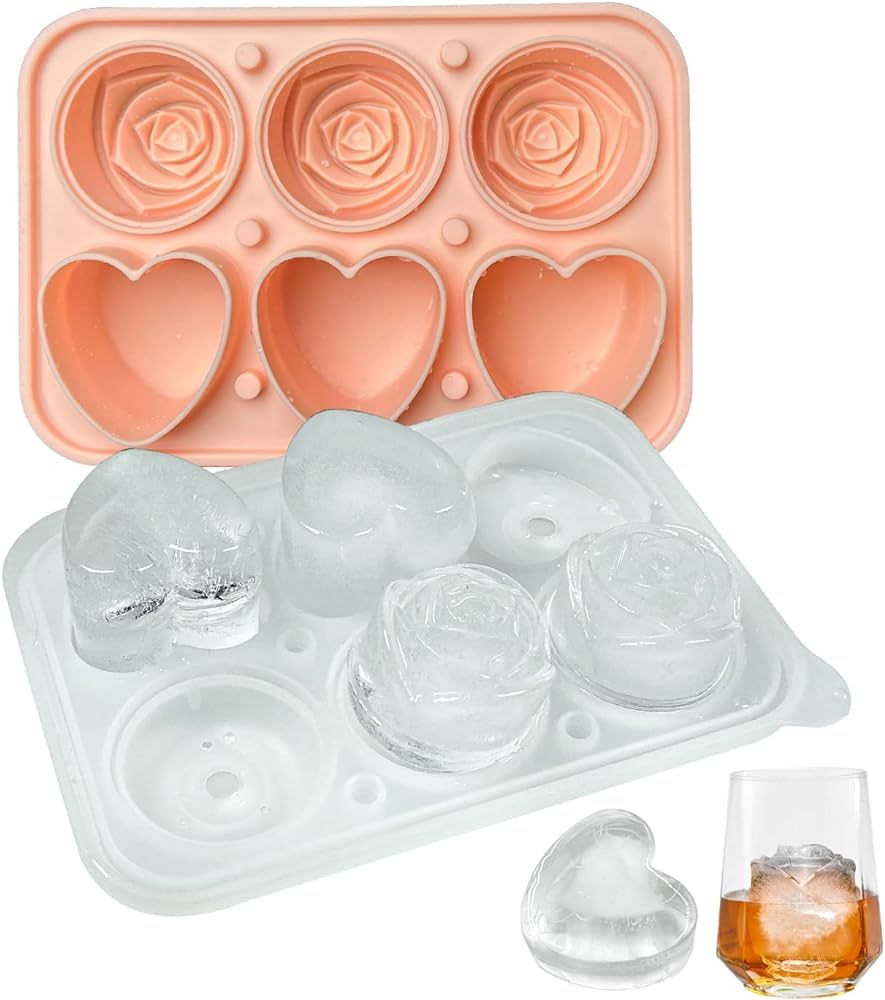 Rose Ice Cube Mold, Heart Shape Ice Cube Tray, Silicone Ice Mold with Clear Funnel-type Lid, 3 He... | Amazon (US)
