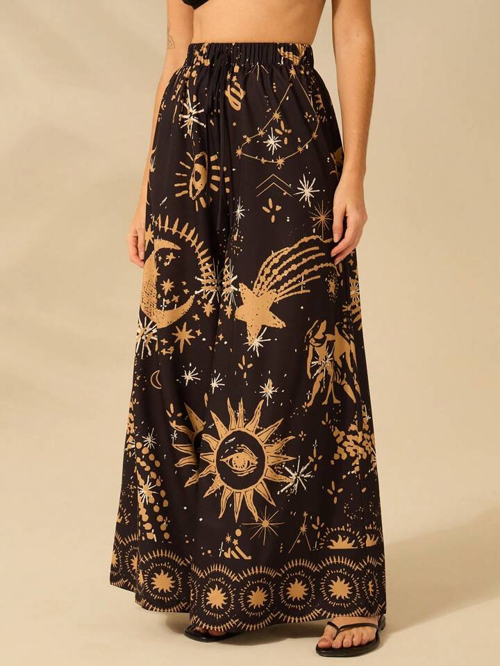 CAJUNI Women Vacation Tropical Boho Elastic Waist Loose Fashion Sun, Moon And Devil's Eye Patterns Print Palazzo Pants Casual Beach Summer Trousers | SHEIN