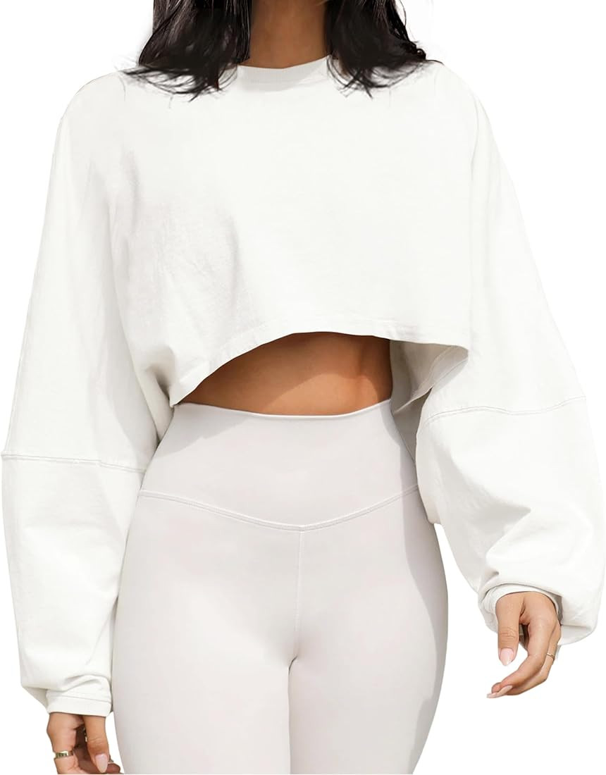 Meladyan Women Long Sleeve Crewneck Crop Top Tee Shirt Sweatshirt Casual Solid Loose Fit Workout ... | Amazon (US)