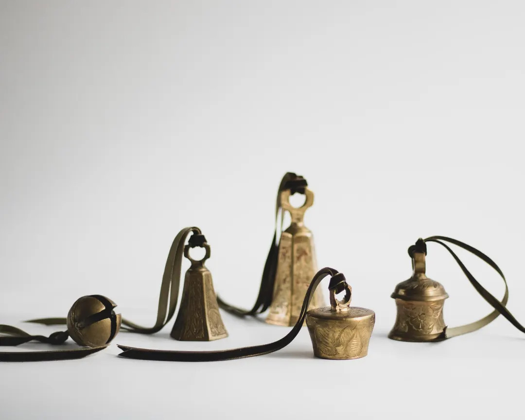Assorted Vintage Indian Brass Bell Christmas Ornaments With Velvet Ribbon: Modern Farmhouse Holid... | Etsy (US)