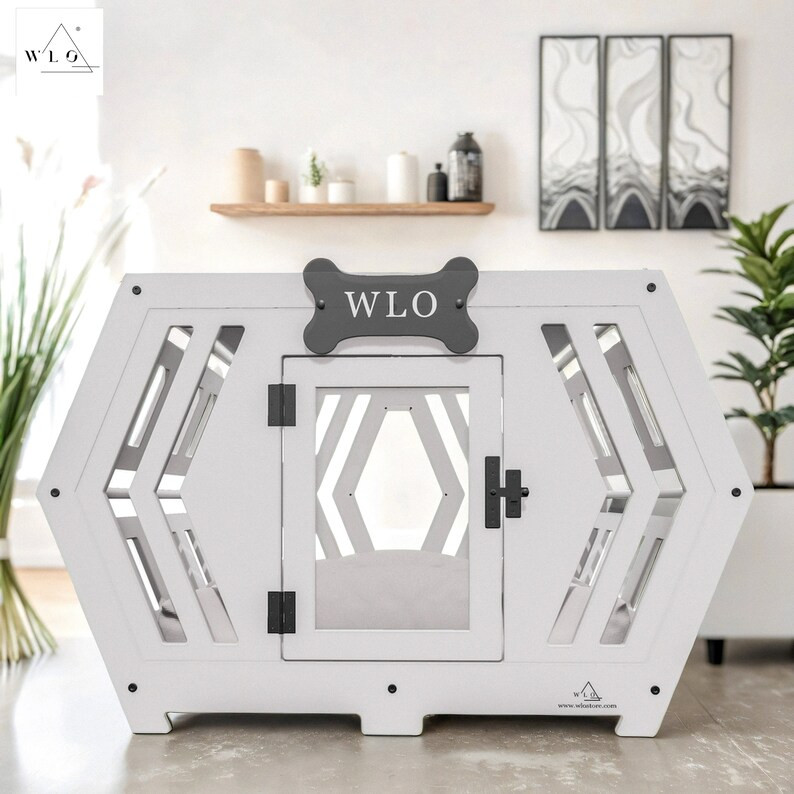 WLO® White Hexxon Modern Dog Crate, Premium Wooden Dog Crate With Free Customization, Multiple C... | Etsy (US)