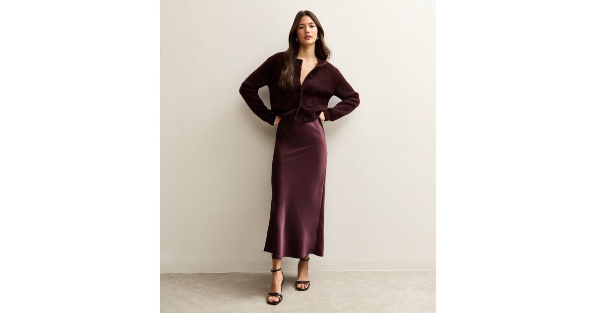 Dark Burgundy Satin Bias Cut Midi Skirt | New Look | New Look (UK)