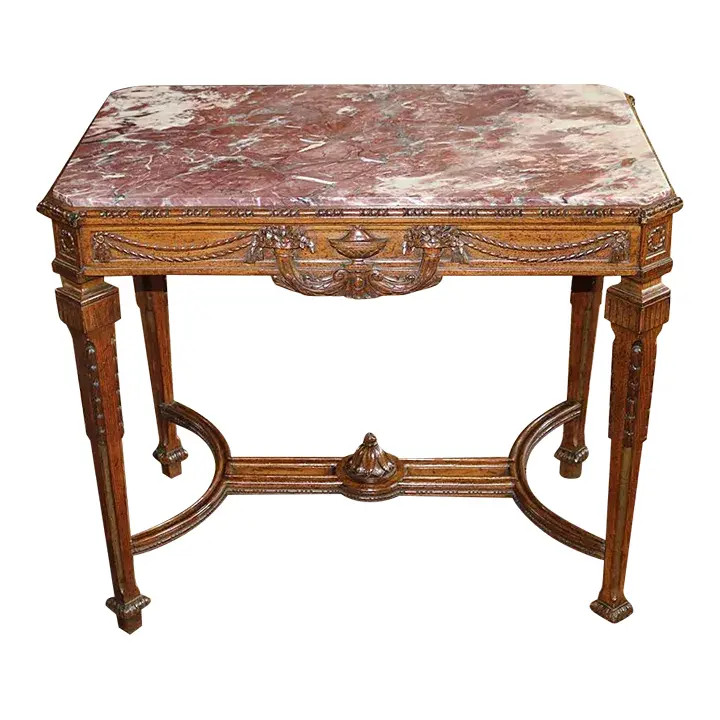 Carved Oak Louis XVI Style Marble Top Occasional Table by Karpen | Chairish