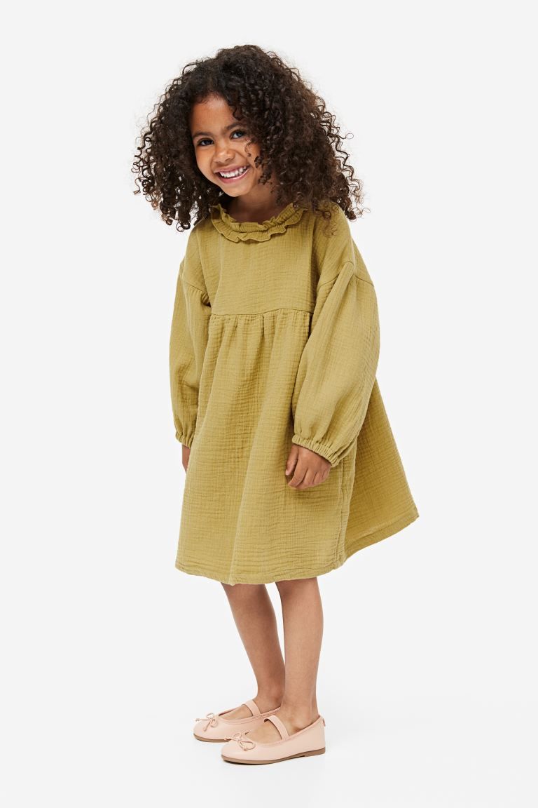 Balloon-sleeved Cotton Dress - Mustard yellow - Kids | H&M US | H&M (US + CA)
