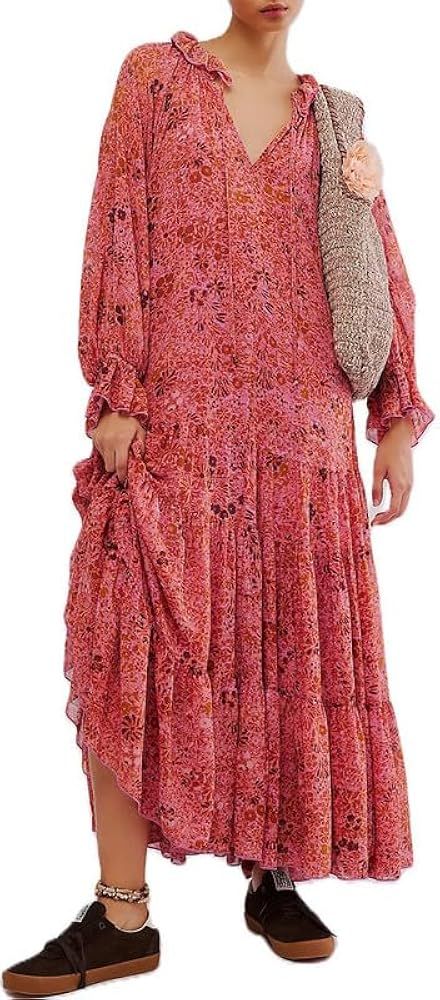 Women Y2k Boho Floral Fall Dress Long Sleeve V Neck Casual Flowy Tiered Maxi Dress Smocked Ruffle... | Amazon (US)