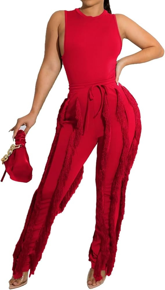 EDITCOZY Women Sexy Two Piece Outfits Fringe Pants Set Tassel Club 2 Piece Sets Going Out Birthda... | Amazon (US)