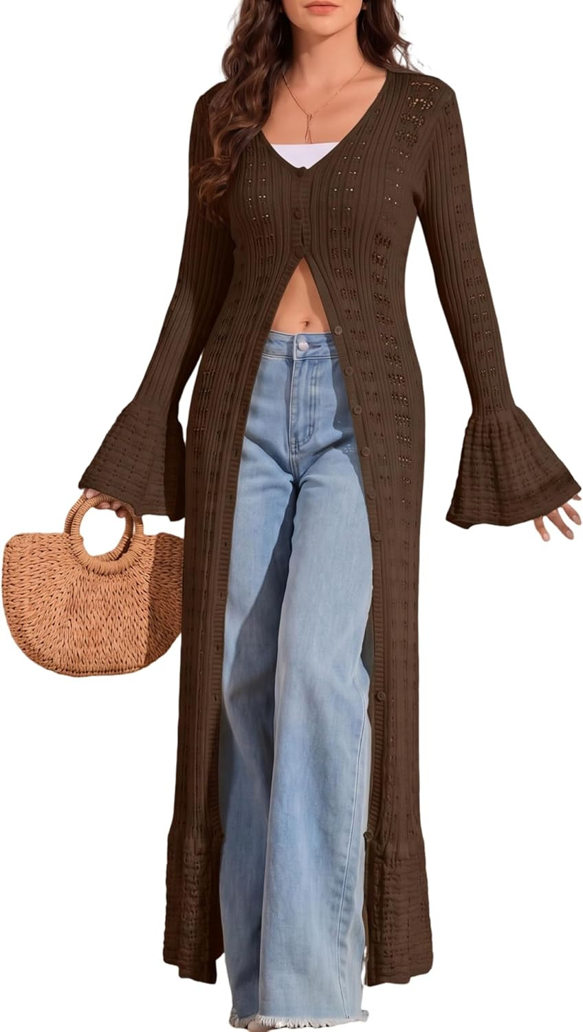 Cardigan Sweaters for Women Trendy Lightweight Crochet Long Duster Button Up Bell Long Sleeve Ruffle Knit Maxi Dress | Amazon (US)