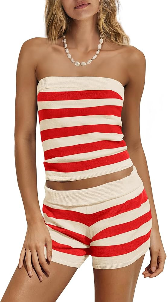 Nirovien Womens Striped Lounge Sets Strapless Vacation Sets 2 Piece Travel Outfits Cropped Tube T... | Amazon (US)