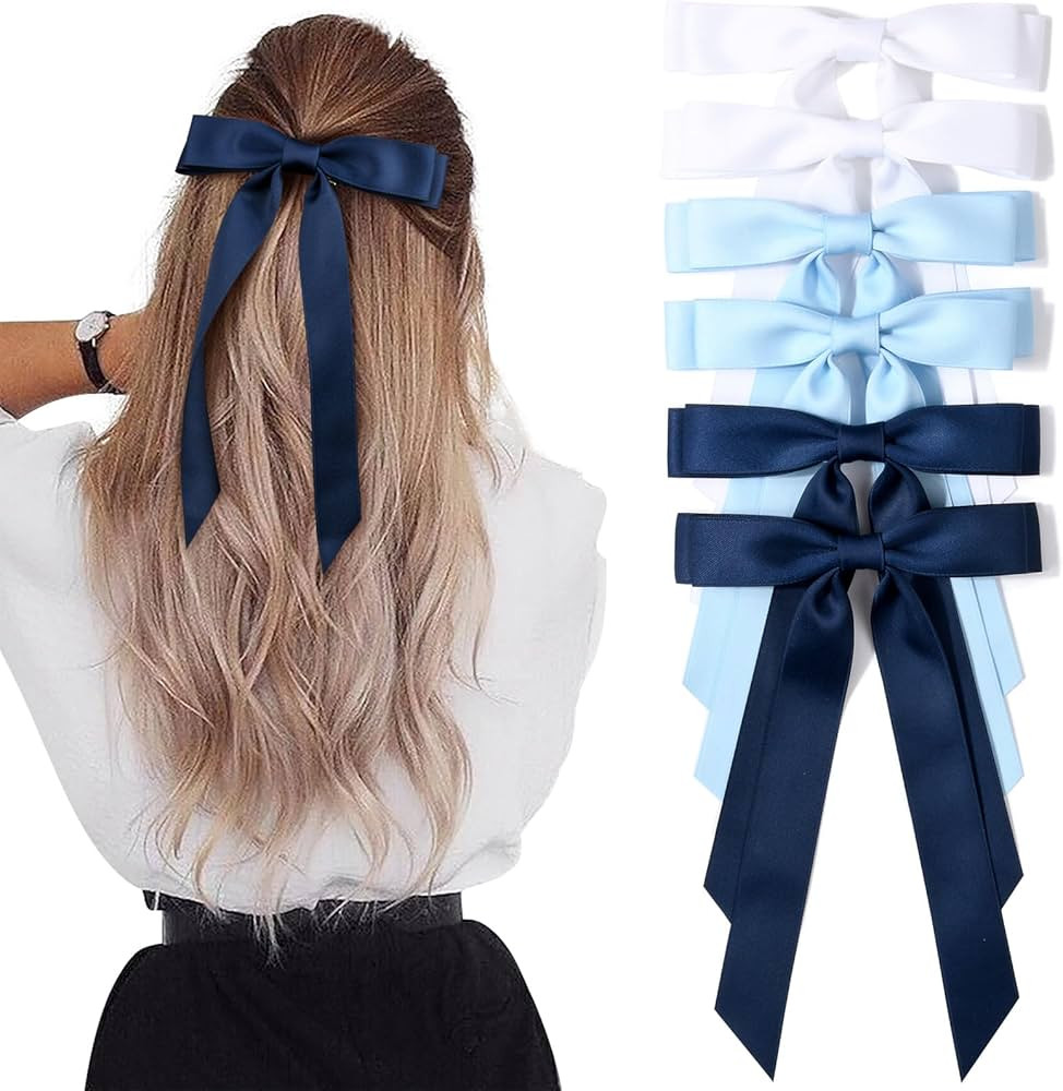 6PCS Hair Bows Hair Clip White Blue Hair Ribbon for Women Silky Satin Tassel Ribbon Hair Accessor... | Amazon (US)