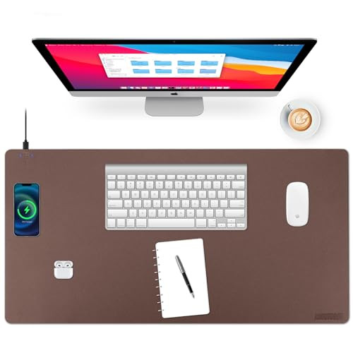Wireless Charging Desk Mat with Desk Pad for Desktop Charging Large Mouse Pad Waterproof Leather Computer Mat Mouse Pad Non-Slip Protector on Top of Desks for Keyboard and Mouse (brown-l, 32*16inch) | Amazon (US)