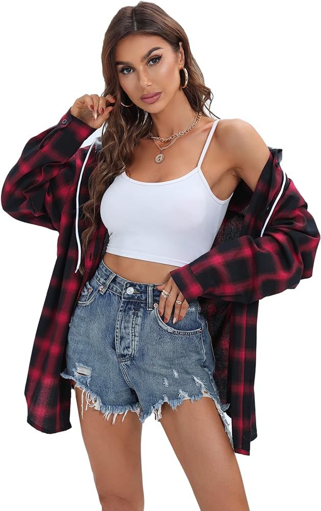 Women's Plaid Flannel Shirts Hoodie Long Sleeve Oversized Shirt Jacket Button Down Blouse Tops | Amazon (US)