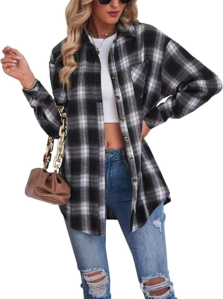 Lumister Oversized Flannel Shirt Women Long Sleeve Plaid Button Down Buffalo Shirt Blouse Tops wi... | Amazon (US)