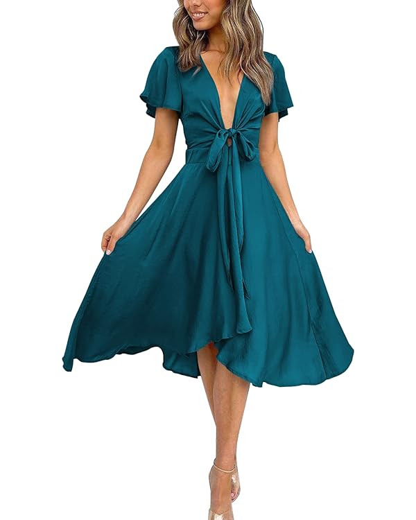 miduo Womens Satin V Neck Ruffle Short Sleeve Tie Front High Waist Midi A-Line Maxi Dresses | Amazon (US)