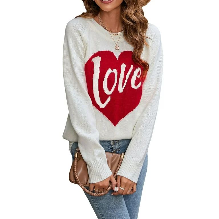 Valentine's Day Ribbed Knit Sweaters for Women Long Sleeve Love Heart Letter Print Round Neck Loo... | Walmart (US)