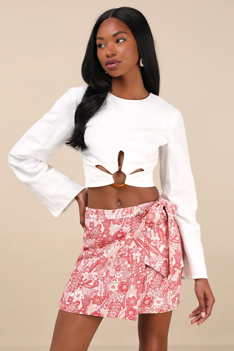 Kieu Red Floral Print Faux-Wrap Mini Skirt | Lulus