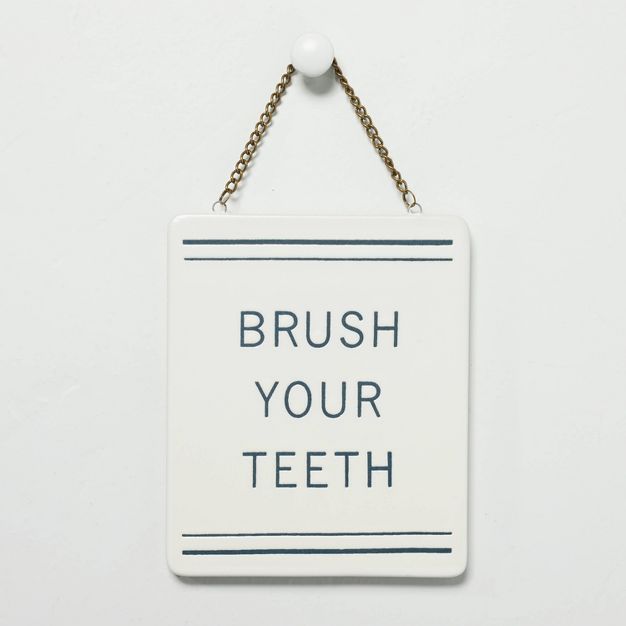 &#39;Brush Your Teeth&#39; Stoneware Wall Sign Blue/Cream - Hearth &#38; Hand&#8482; with Magnoli... | Target