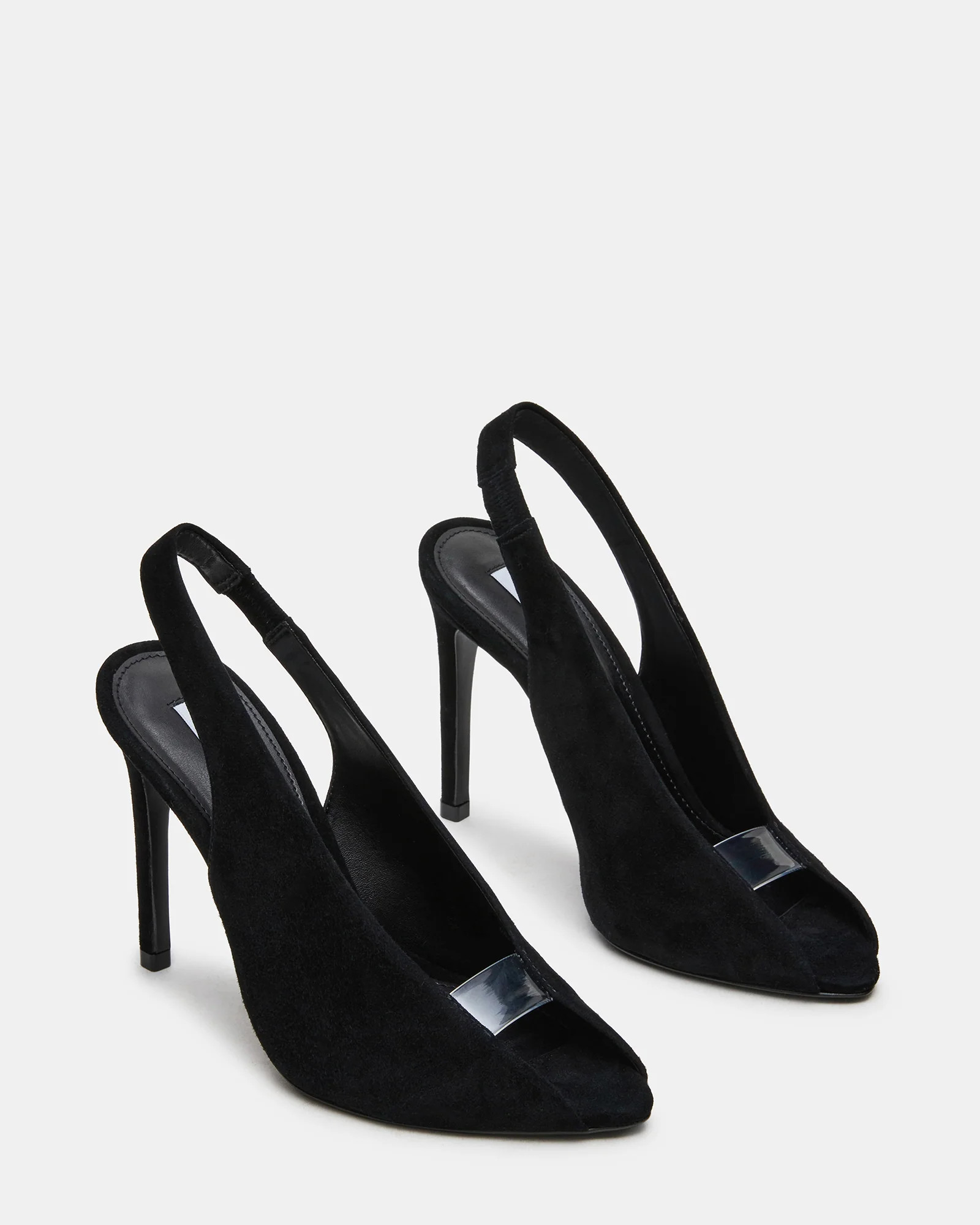 SASHA Black Suede Peep-Toe Stiletto PVC Strap Women's Heel | Steve Madden (US)