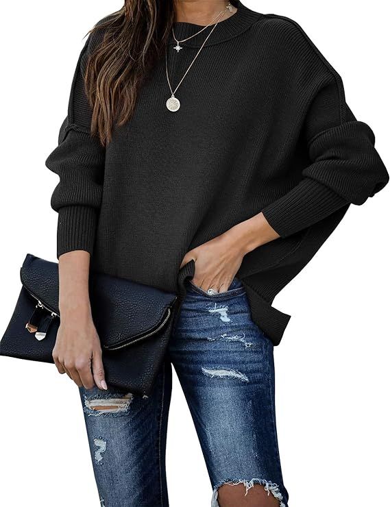 SERAIH Womens Batwing Sleeve Pullover Side Split Oversized Solid Sweaters Loose Drop Shoulder Slo... | Amazon (US)