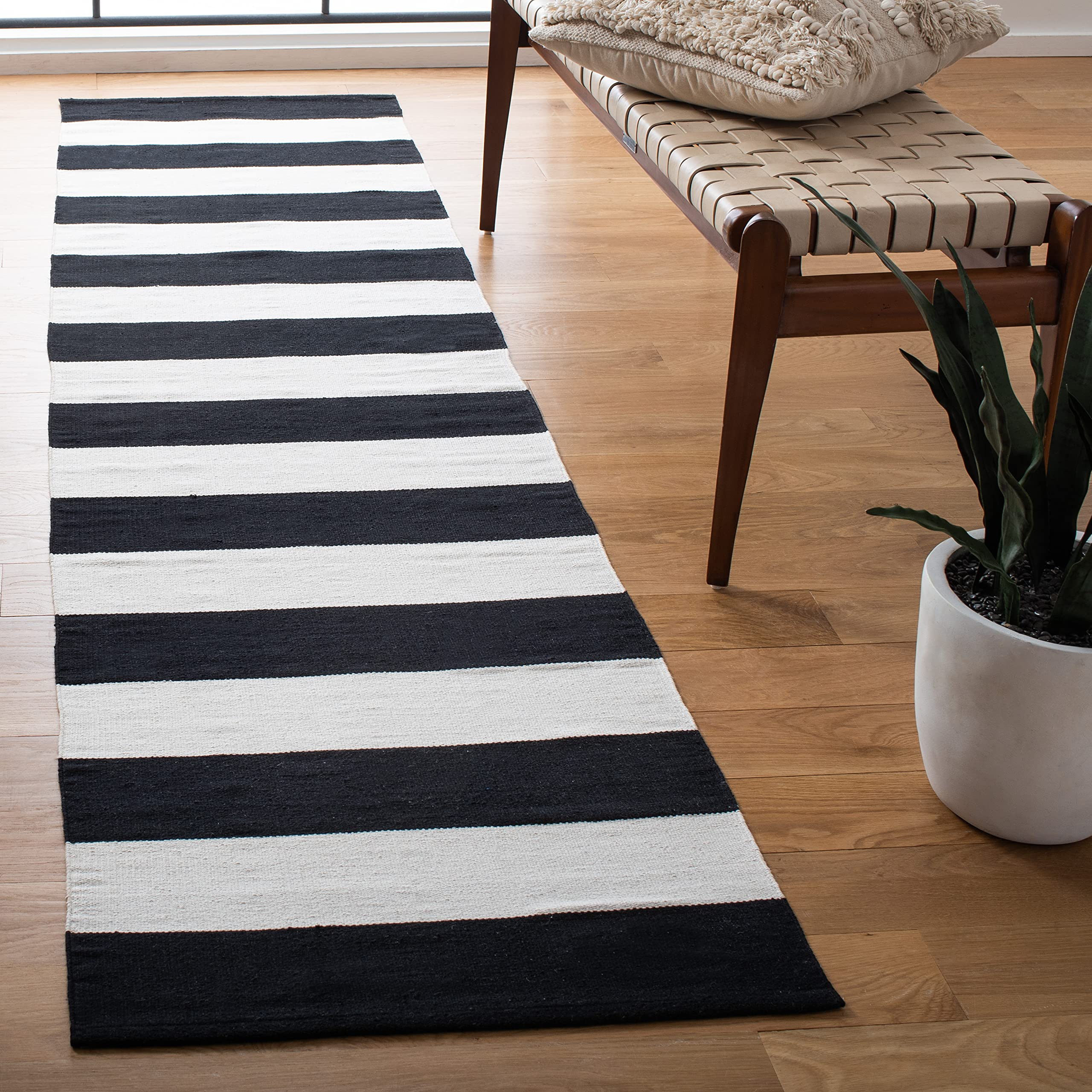 SAFAVIEH Montauk Collection Runner Rug - 2'3" x 9', Black & Ivory, Handmade Flat Weave Boho Farmhouse Cotton Stripe, Ideal for High Traffic Areas in Living Room, Bedroom (MTK712D) | Amazon (US)