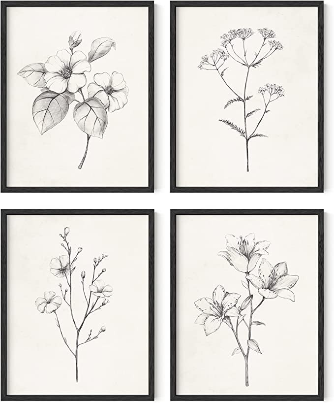 Haus and Hues Grey Floral Wall Art - Set of 4 Plant Posters for Wall Vintage, Botanical Prints, B... | Amazon (US)