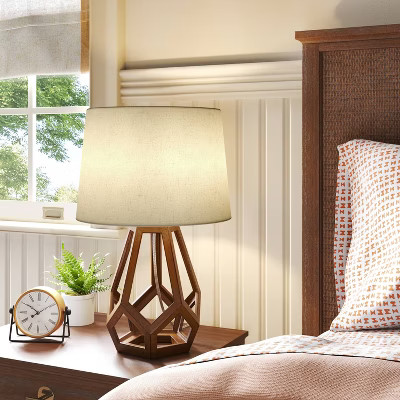 Large Wood Geo Assembled Table Lamp Brown - Threshold™: No Assembly, UL Listed, Cotton Shade | Target