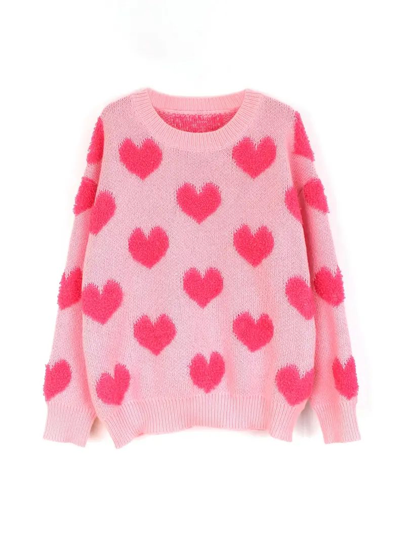 Valentine's Day Heart Pattern Crew Neck Sweater, Casual Long Sleeve Loose Fall Winter Knit Sweate... | Temu Affiliate Program