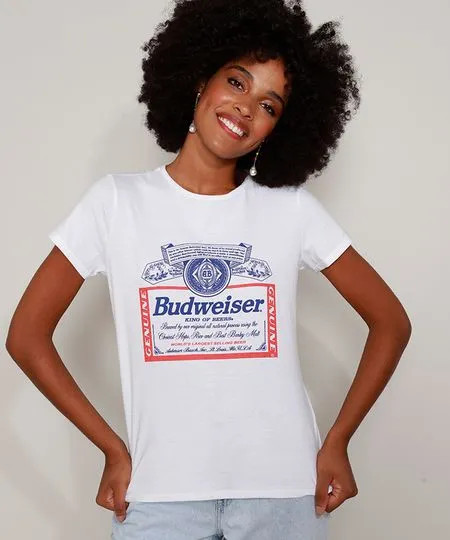 Camiseta Feminina Budweiser Manga Curta Decote Redondo Off White | C&A (BR)