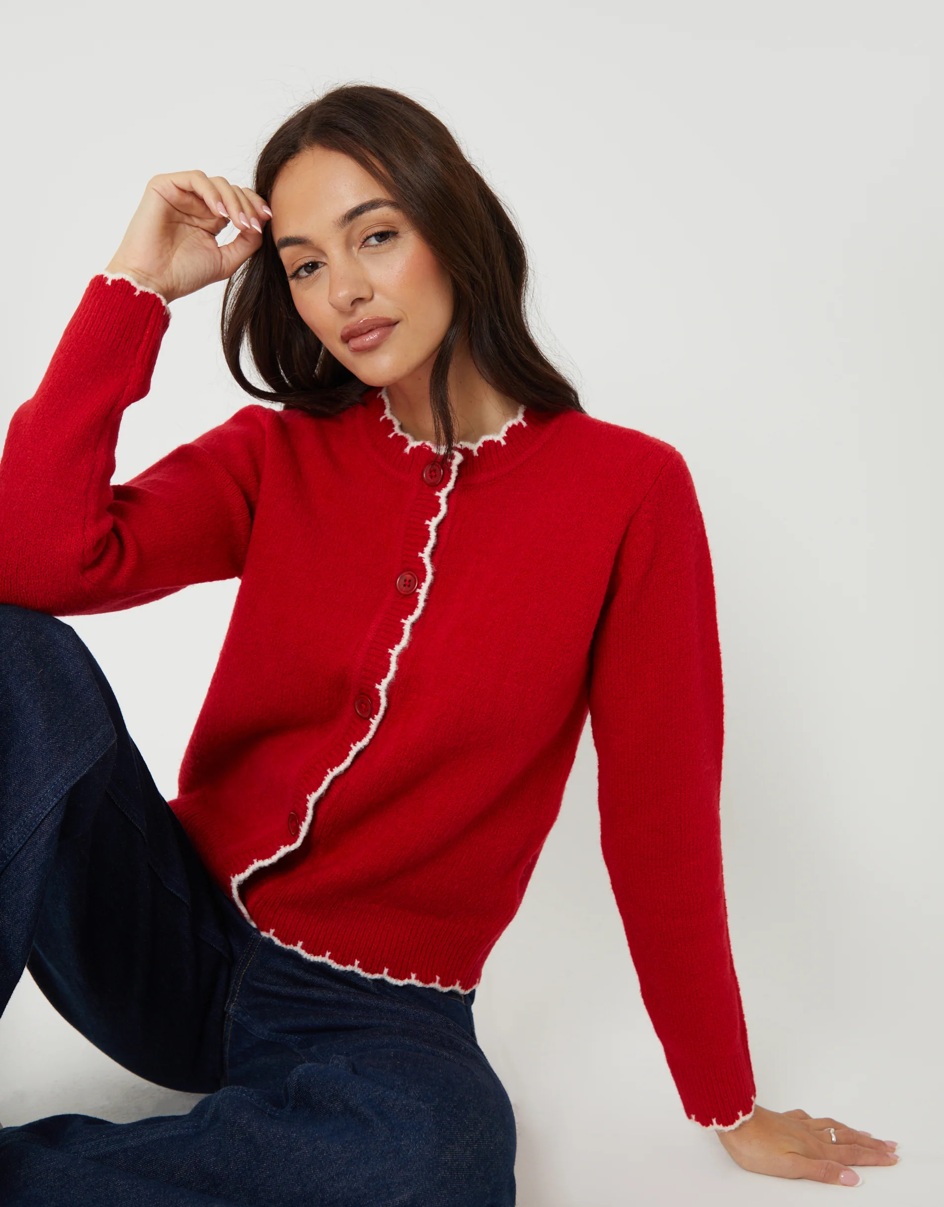 Red Crew Neck Scallop Trim Cardigan | Threadbare