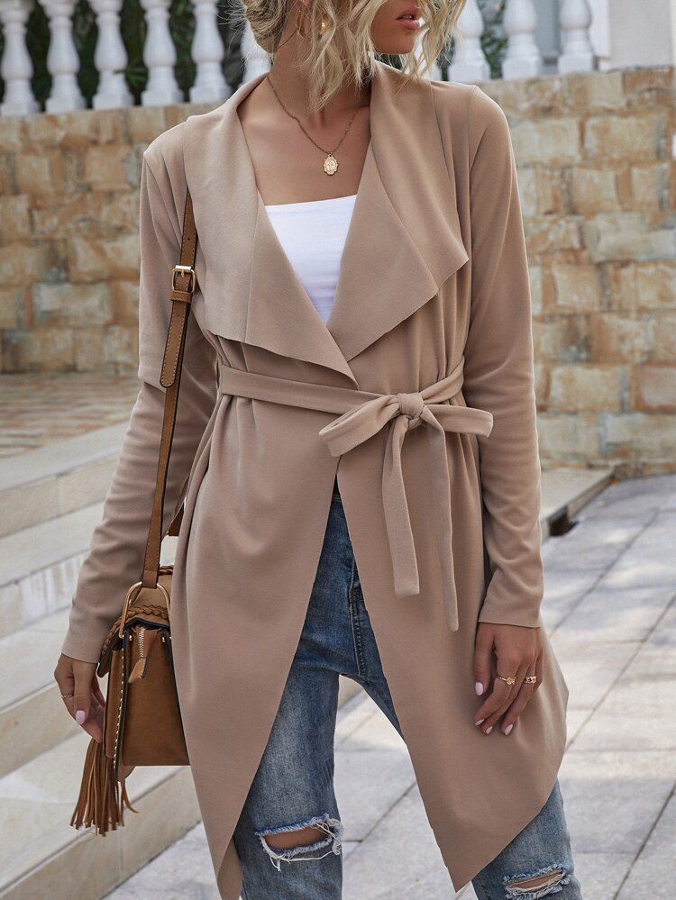 Suede Waterfall Collar Belted Coat | SHEIN