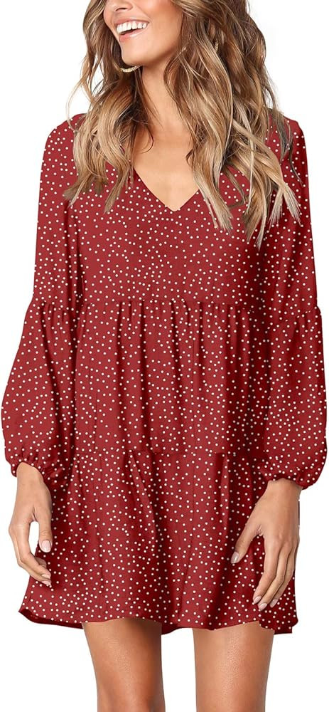 FOWSMON Women's Tunic Dress Cute Printed V Neck Long Sleeve Casual Swing Ruffle Dress | Amazon (US)